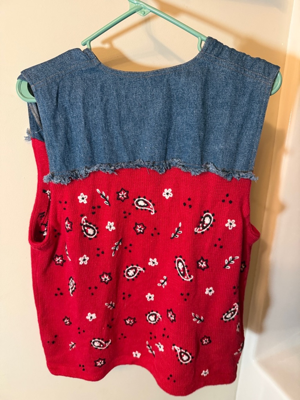 Red Paisley Knit Vest with Denim Collar by Mandal Bay - Picture 6 of 6